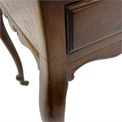 Late Victorian mahogany side table, rectangular top over two drawers and shaped apron, on cabriole supports with brass and ceramic castors