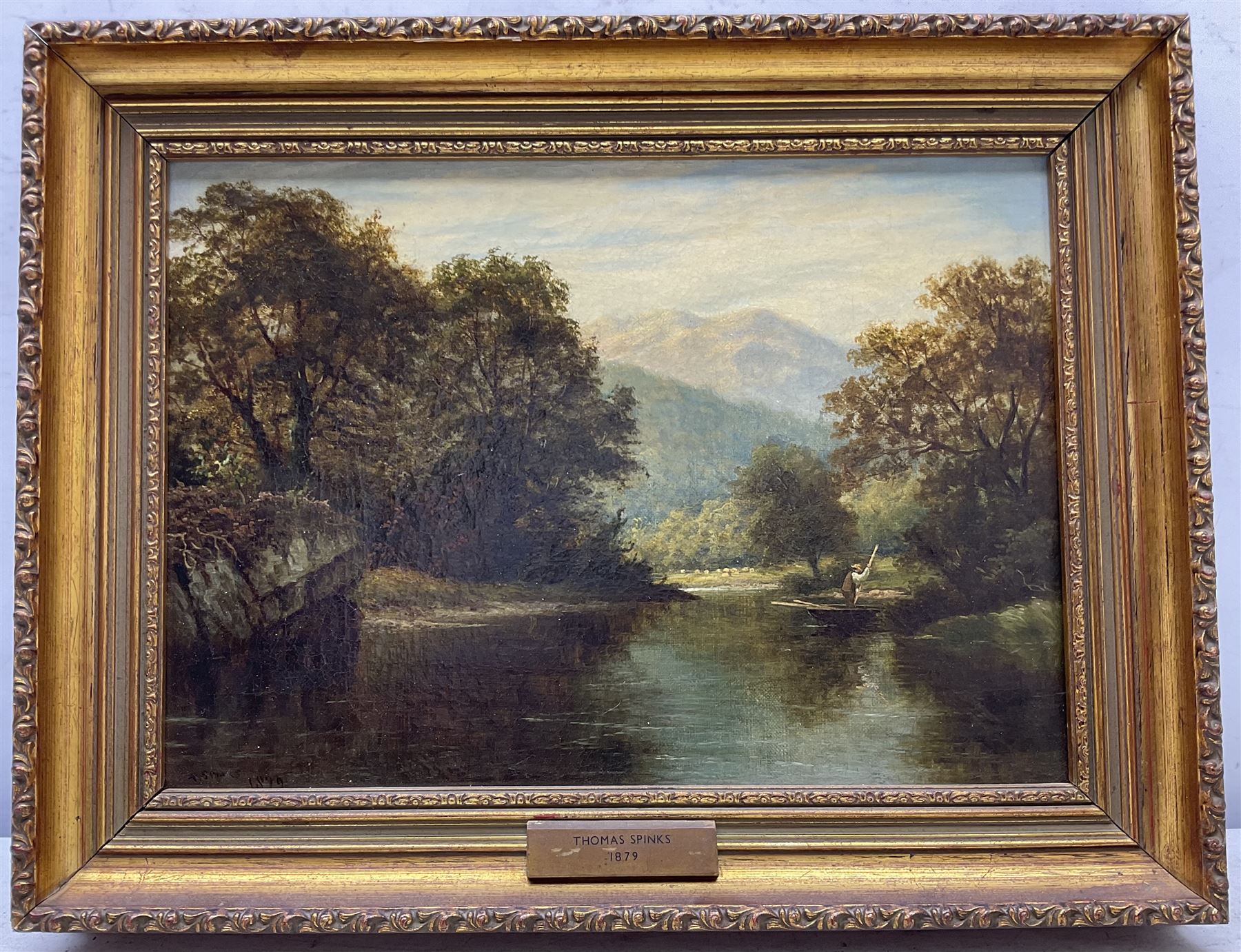 Thomas Spinks (British 1847-1927): Punting on the River, oil on canvas signed and dated 1879, partial title label verso 24cm x 34cm
