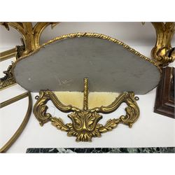 Five various giltwood and other hall brackets, one with marble top; and Viking ship table lamp