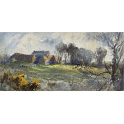 John Spence Ingall (Staithes Group 1850-1936): 'Northfields Farm Ellerby', watercolour unsigned, titled on label verso 16cm x 34cm 
Provenance: a wedding present to the artist's godson, Peter Hill, in 1935, thence by descent through the family of Mark Senior. Peter Hill, born 1909, was the son of Ingall's friend and fellow Staithes Group member Rowland Henry Hill.