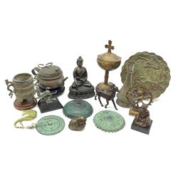 Oriental metal ware including two shield shaped covers, Bronzed figure of Deer, Chinese twin-handled vase, bronzed relief decorated plate, together with a resin Buddha 