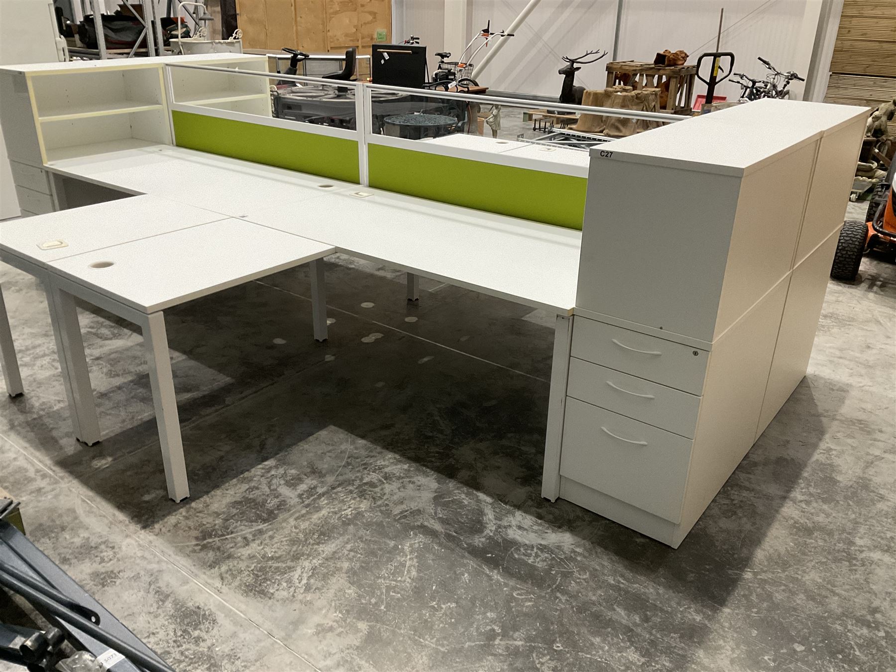 Modular two desk office system - comprising two desks, two returns, two filing drawer cabinets and one screen. Desk dimensions W160cm, D80cm, H73cm, pedestal dimensions W42cm, D80cm, H120cm - THIS LOT IS TO BE COLLECTED BY APPOINTMENT FROM DUGGLEBY STORAGE, GREAT HILL, EASTFIELD, SCARBOROUGH, YO11 3TX
