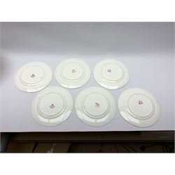 19th century Minton dessert service, comprising four comports, one tazza, and twelve plates, each hand painted with birds perched upon branches, and further detailed with insects and heightened in gilt, with printed retailers mark beneath for John Mortlock Oxford Street London, and impressed Minton mark to most, comport H13.5cm, plates D23.5cm. 
