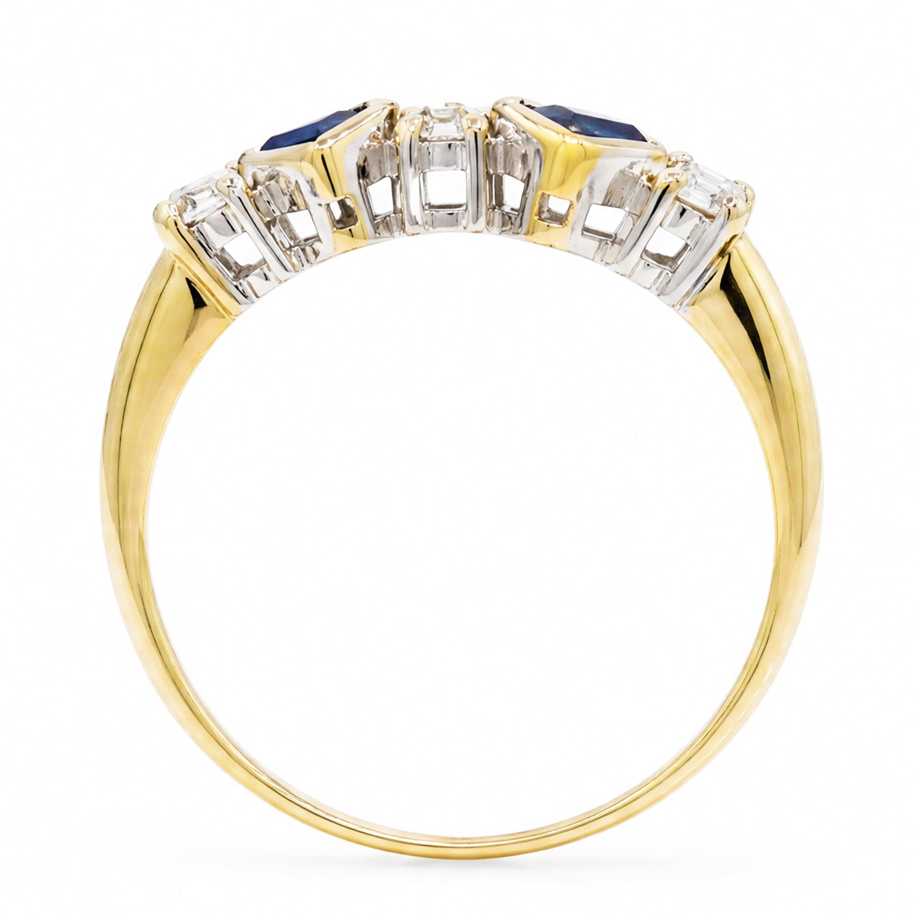 9ct gold sapphire and diamond ring, two square cut sapphires spaced by three round brilliant cut diamonds, hallmarked, total diamond weight approx 0.20 carat