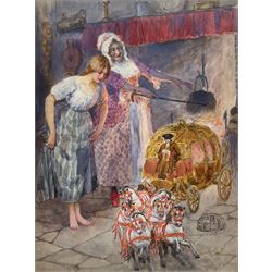 William Henry Margetson (British 1861-1940): Cinderella and the Fairy Godmother, original watercolour and gouache book illustration signed 29cm x 22cm, together with 'Stories from Grimm' illustrated Edwardian book pub. Thomas Nelson and Sons (2)