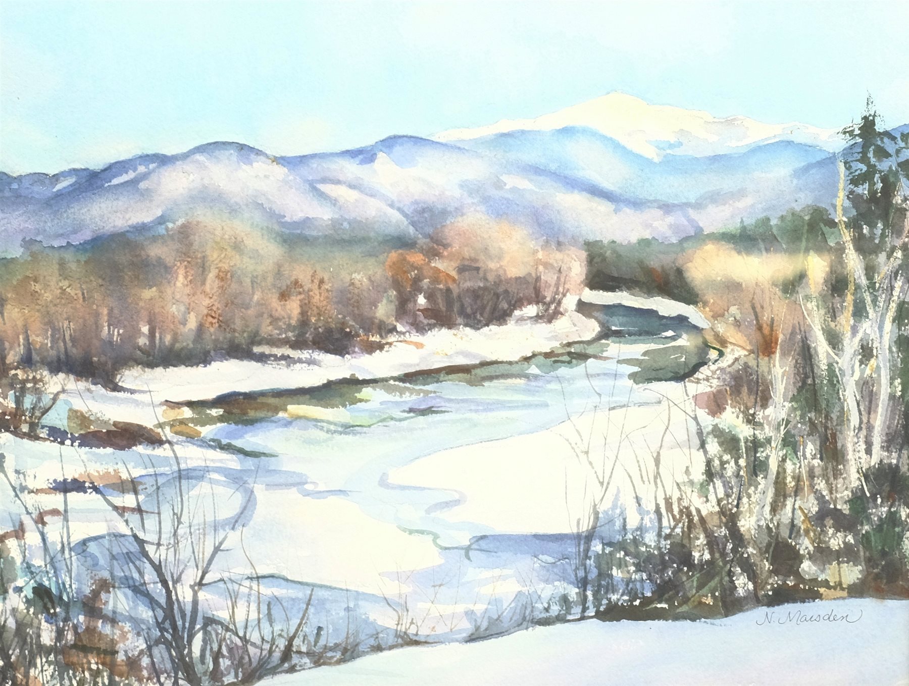 Nancy Marsden (American 20th century): 'Mount Washington - Saco River, New Hampshire', watercolour signed, titled on artist's label verso 31cm x 41cm