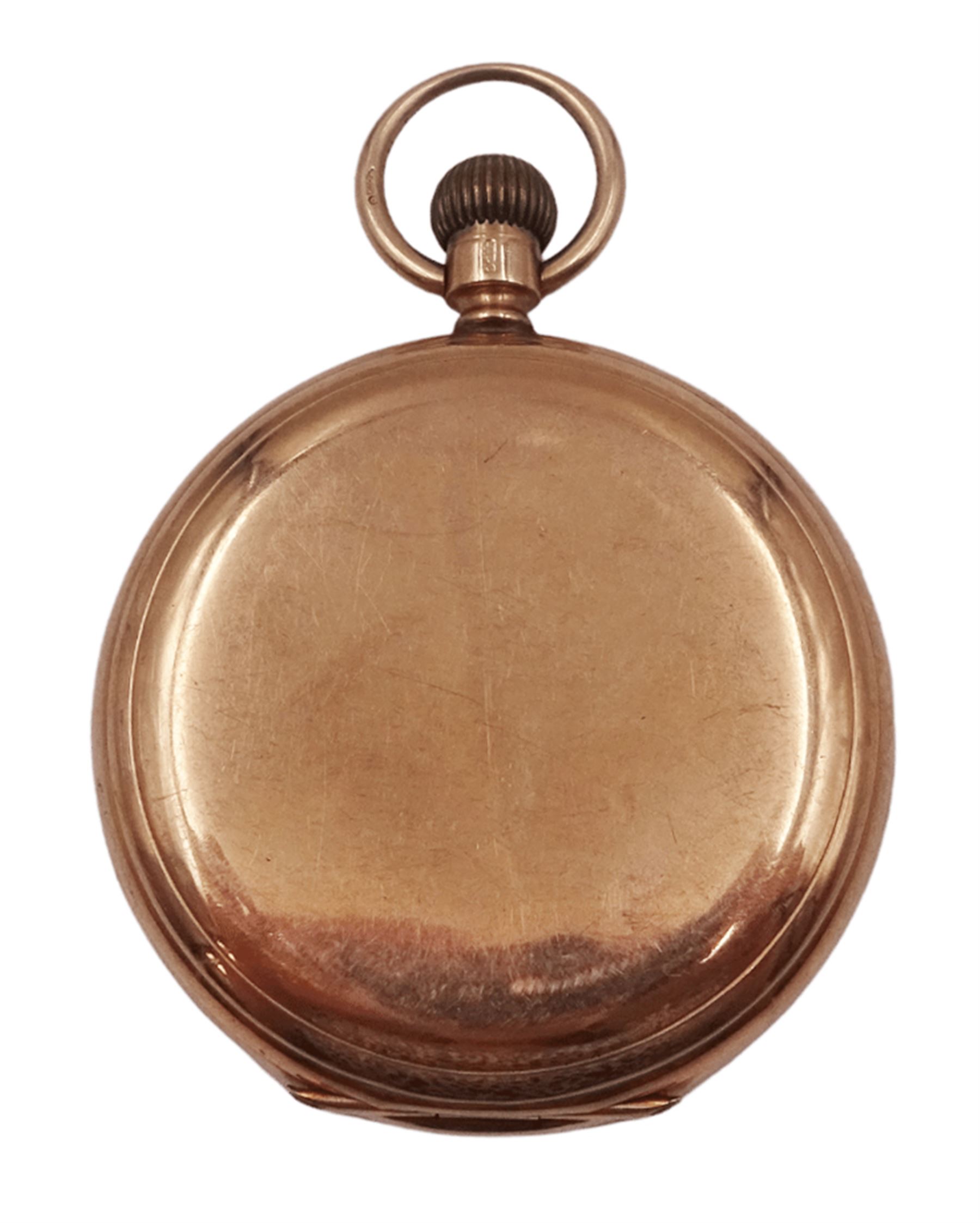 9ct gold full hunter 7 jewels keyless Traveller pocket watch by Waltham U.S.A, No. 19508959, white enamel dial with Roman numerals and subsidiary seconds dial, case by Benson Brothers, Chester 1920
