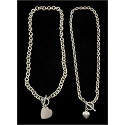 Silver belcher link necklace with heart and T bar clasp, hallmarked and one other white metal link necklace