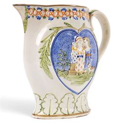 18th century South Yorkshire prattware jug, moulded in relief a band of stylised leaves,  with  'Mischievous Sport' and 'Sportive Innocence' pattern to the centre, H19cm