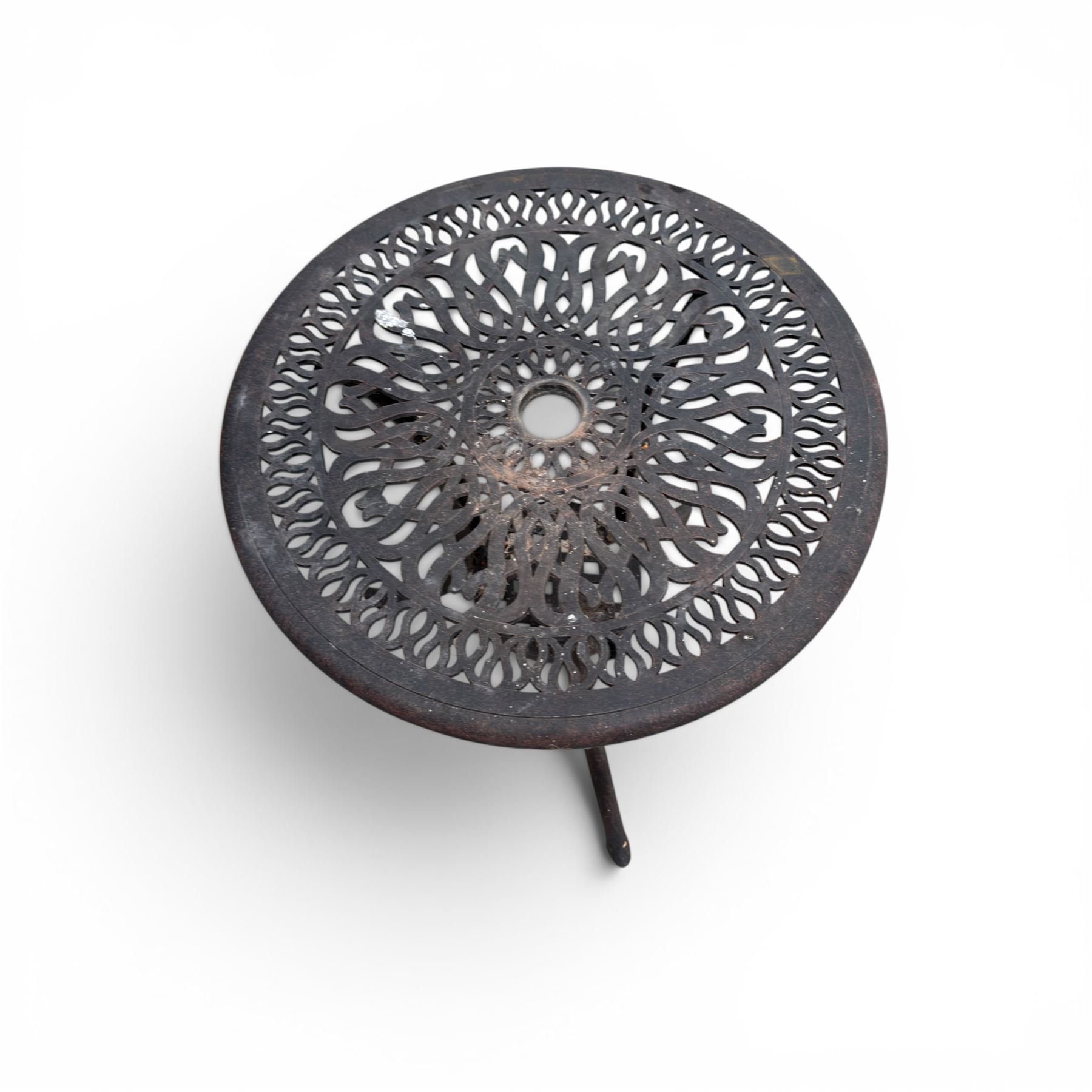 Circular cast aluminium garden table and pair of armchairs chairs with lattice backs in a dark grey finish