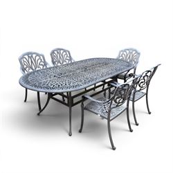 Painted aluminium rectangular garden table and five chairs, with loose seat cushions
