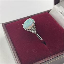 Silver cubic zirconia and opal cluster ring, stamped 925, boxed 