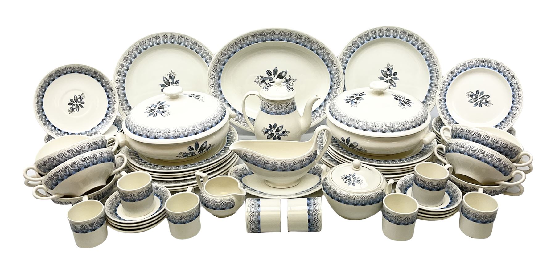 Wedgwood Persephone pattern part tea and dinner service, designed by Eric Ravilious, eight dinner plates, eight side plates, eight dessert plates, two covered tureens, meat platter, coffee pot, eight coffee cans and saucers, milk jug, covered sucrier etc (64)