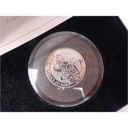  Queen Elizabeth II 2015 'Photographic Coronation' gold-plated silver proof five pound coin, 'The Queen's Beasts' 2016 two ounce fine silver coin, Queen Elizabeth II 2017 'Sapphire Jubilee Commemorative Coin Pair' sterling silver five pound coin and a one gram 9ct gold coin and a Queen Elizabeth II 2017 '100th Anniversary of The House of Windsor' silver proof one pound coin, all cased with certificates  