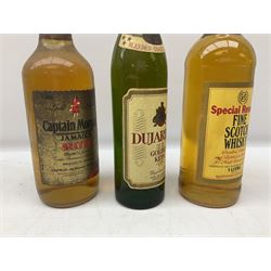 Mixed alcohol including, Carte Noire Cellien des Dauphins 1990 red wine, 75cl 13.5% vol, Dujardin Golden Keys blended grape brandy, contents and unknown proof, Special Reserve fine Scotch whisky, 1l, 43% vol and two others of various contents and proof 