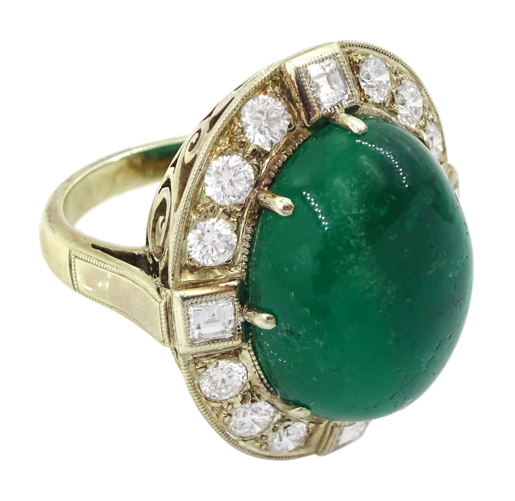 Gold emerald and diamond ring, the central oval cabochon emerald, with sixteen round and rectangular cut diamond halo surround by Judith Crowe, hallmarked 9ct, emerald 20.00 carat, total diamond weight 2.00 carat, with World Gemological Institute report