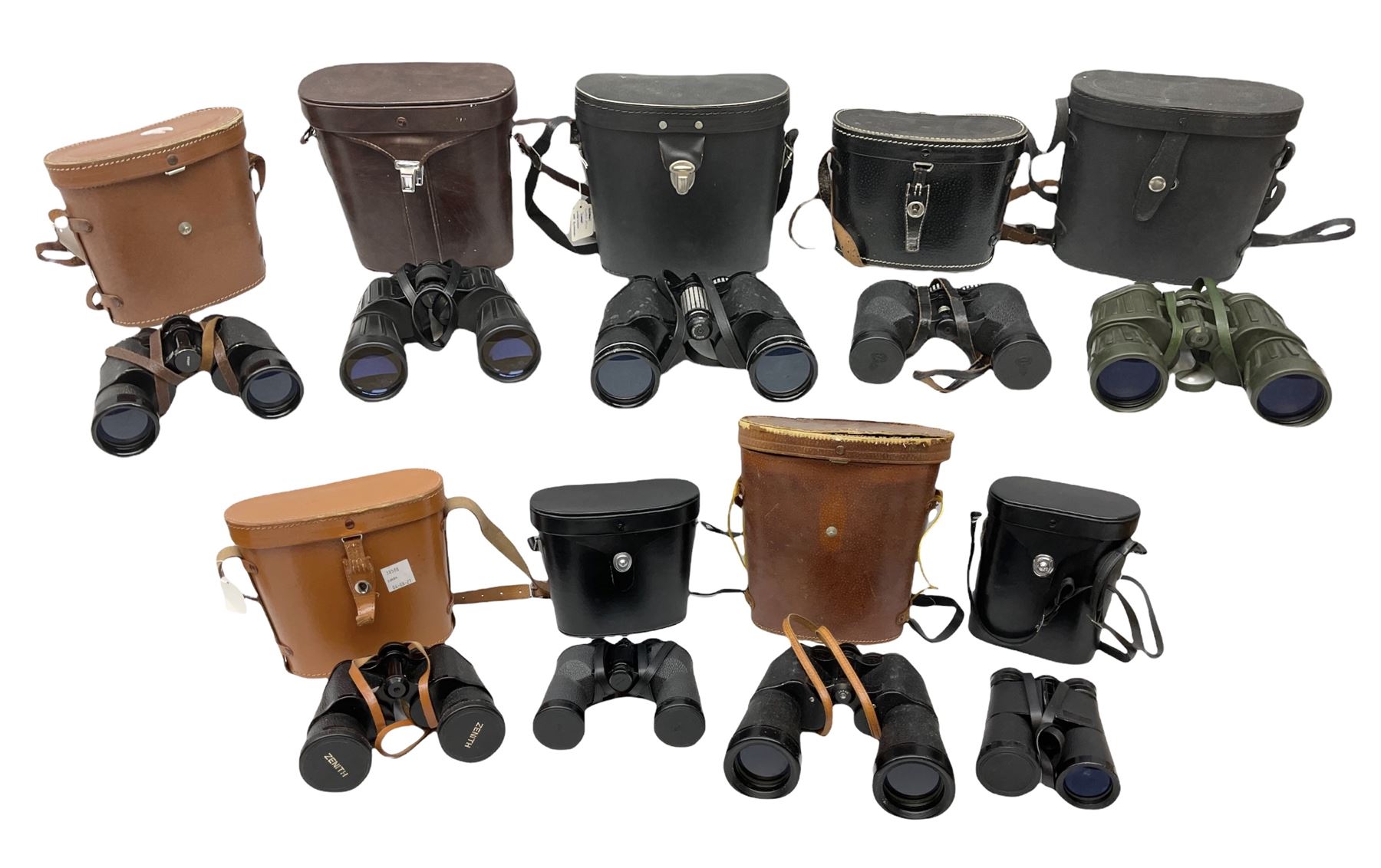 Nine cased pairs of binoculars, to include Embassy 8x40, Tasco 7x35, Zenith 10x50 Field. Opticron 10x50, Swift 8x40 Grand Prix Mk I, etc