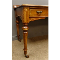 Victorian mahogany Aesthetic Movement side table, raised back above moulded rectangular top and two drawers, engraved and gilt detail, turned tapering fluted supports on castors, 'Maple & Co', W122cm, H80cm, D62cm  