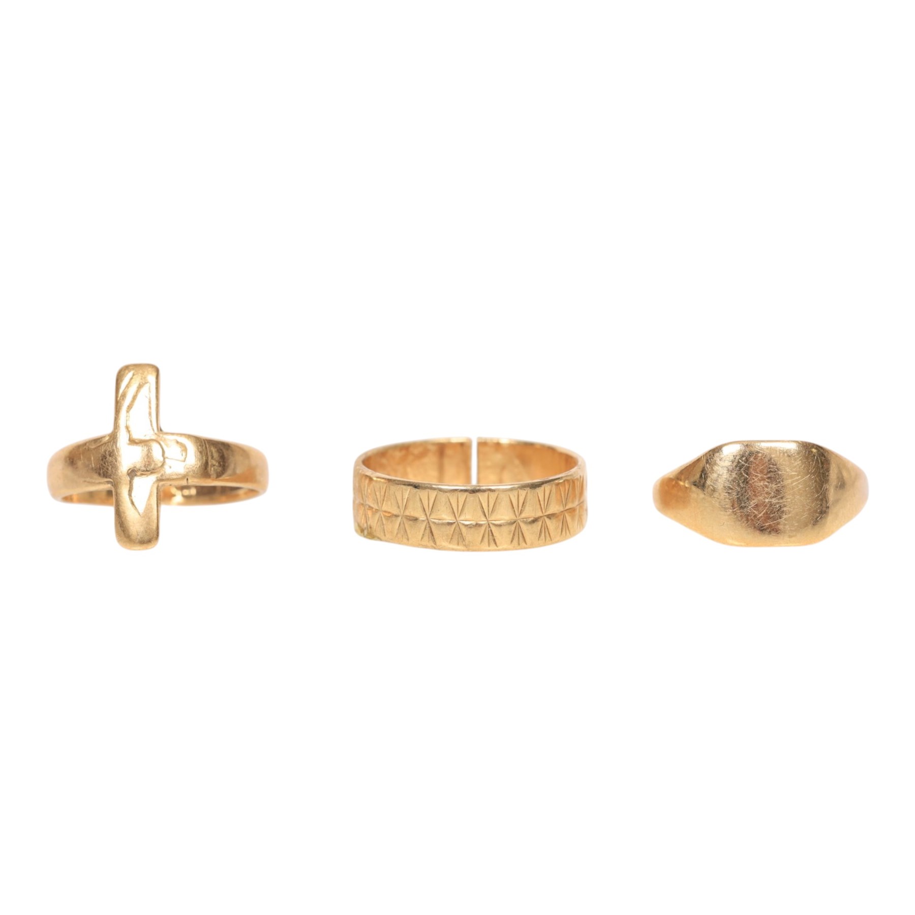 Three 9ct gold rings, silver bangle and pendant necklace