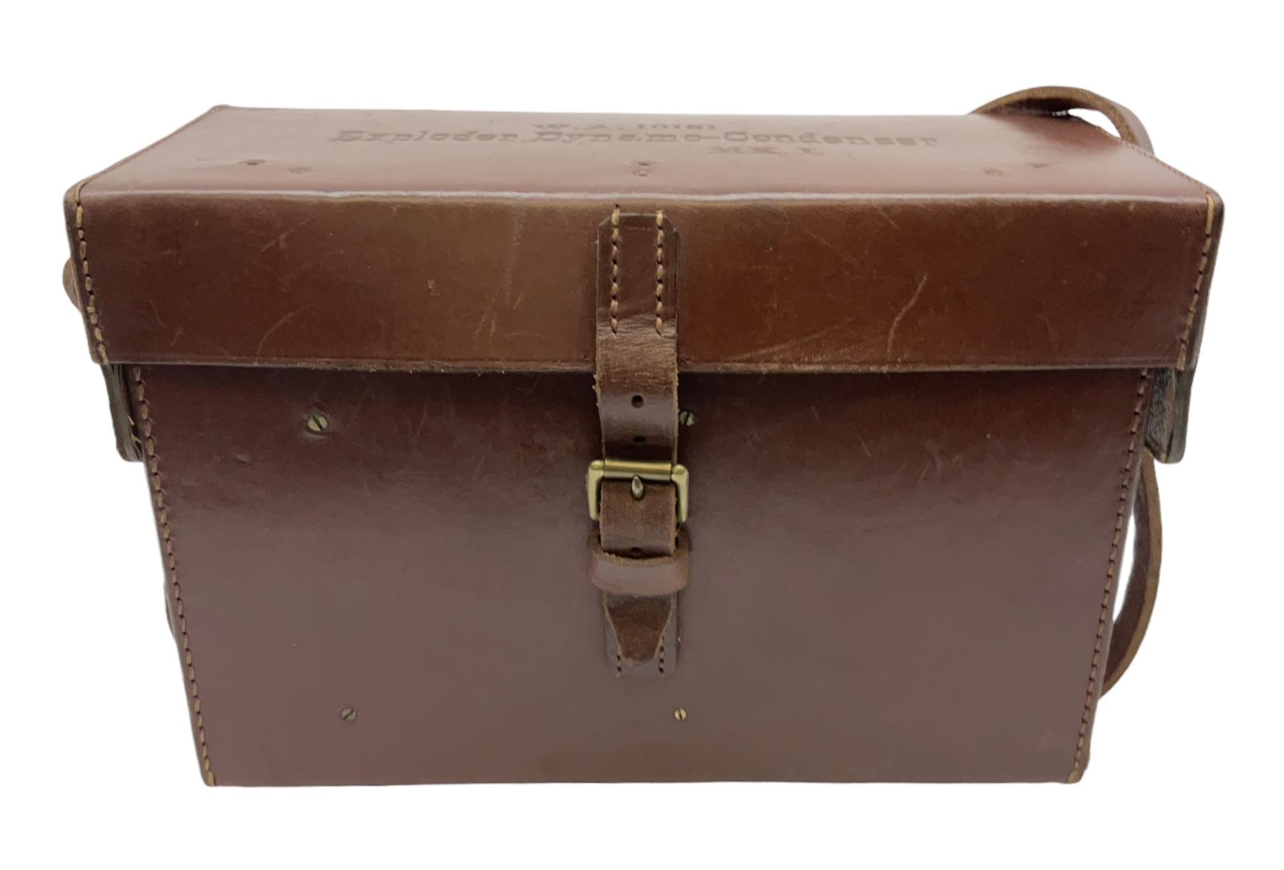 Post-WW2 stitched leather carrying case for an Exploder Dynamo-Condenser Mk.1 with baize lined fitted interior and carrying strap dated 1956 L28cm