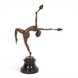 Art deco style bronze figure of a female dancing with flame torches, raised upon marble ba...