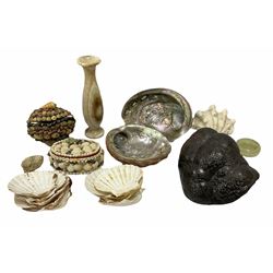 Collection of shells and specimens, to include two mother of pearl shells, scallop shells, boxes encrusted with various shells, together with large mineral specimen, possibly allemontite / stibarsen etc