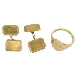 Gold signet ring, Birmingham 1956 and pair of gold cufflinks, all hallmarked 9ct