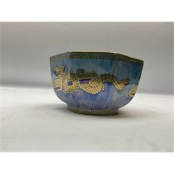 Wedgwood dragon lustre bowl of octagonal form, decorated in gilt with dragons upon a mottled blue ground, by Daisy Makeig Jones, with stamped marks beneath, no. Z4829, D11cm H5.5cm