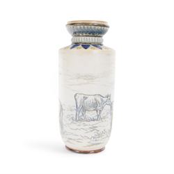 Doulton Lambeth sgraffito vase decorated by Hannah Barlow, decorated with a cattle and horses, with impressed marks beneath, H23cm