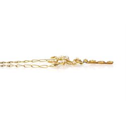 Edwardian gold split pearl pendant necklace, openwork floral pendant set with split pearls on a fancy link chain necklace