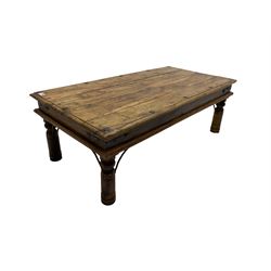 Hardwood coffee table, rectangular top with iron work on turned supports