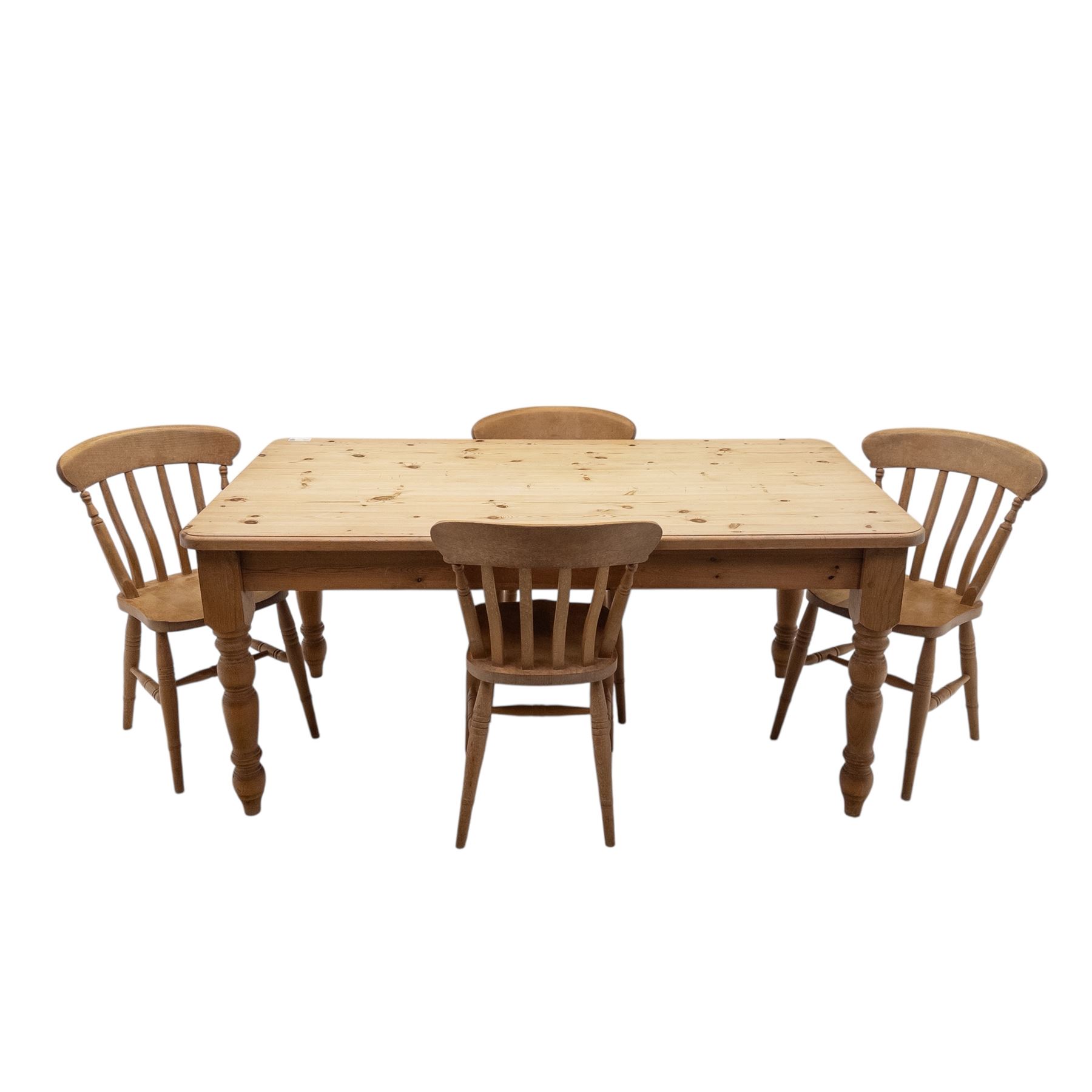 20th-century stripped pine dining table with four beech farmhouse kitchen chairs came, rectangular top with moulded edge and rounded corners, raised on four turned legs, chairs with curved back and turned supports with solid shaped seat raised on turned legs united by stretchers, W37xD39xH84cm