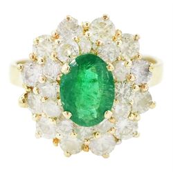 14ct gold emerald and diamond cluster ring, single oval cut emerald of approx 1.05 carat, ...