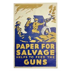 WW2 poster after Alfred Sindall printed for H.M. Stationery Office by Wm. Brown & Co Ltd London E.C.3; poster No.S.P.37 'Paper For Salvage Helps To Feed The Guns' depicting British Soldiers firing a field gun 75 x 51cm; blue, gold and white; unframed