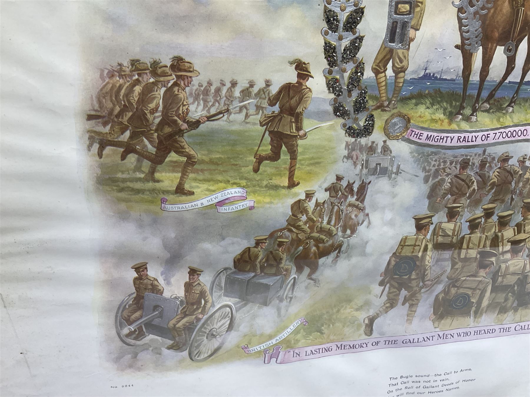 WW1 photogravure print depicting the VC action of Boy (1st Class) John Travers Cornwell mortally wounded in the Battle of Jutland May 31st 1916 34 x 41cm, walnut frame; and WW1 colour print entitled 'England's 1914-1919 Call' in simulated rosewood frame (2)