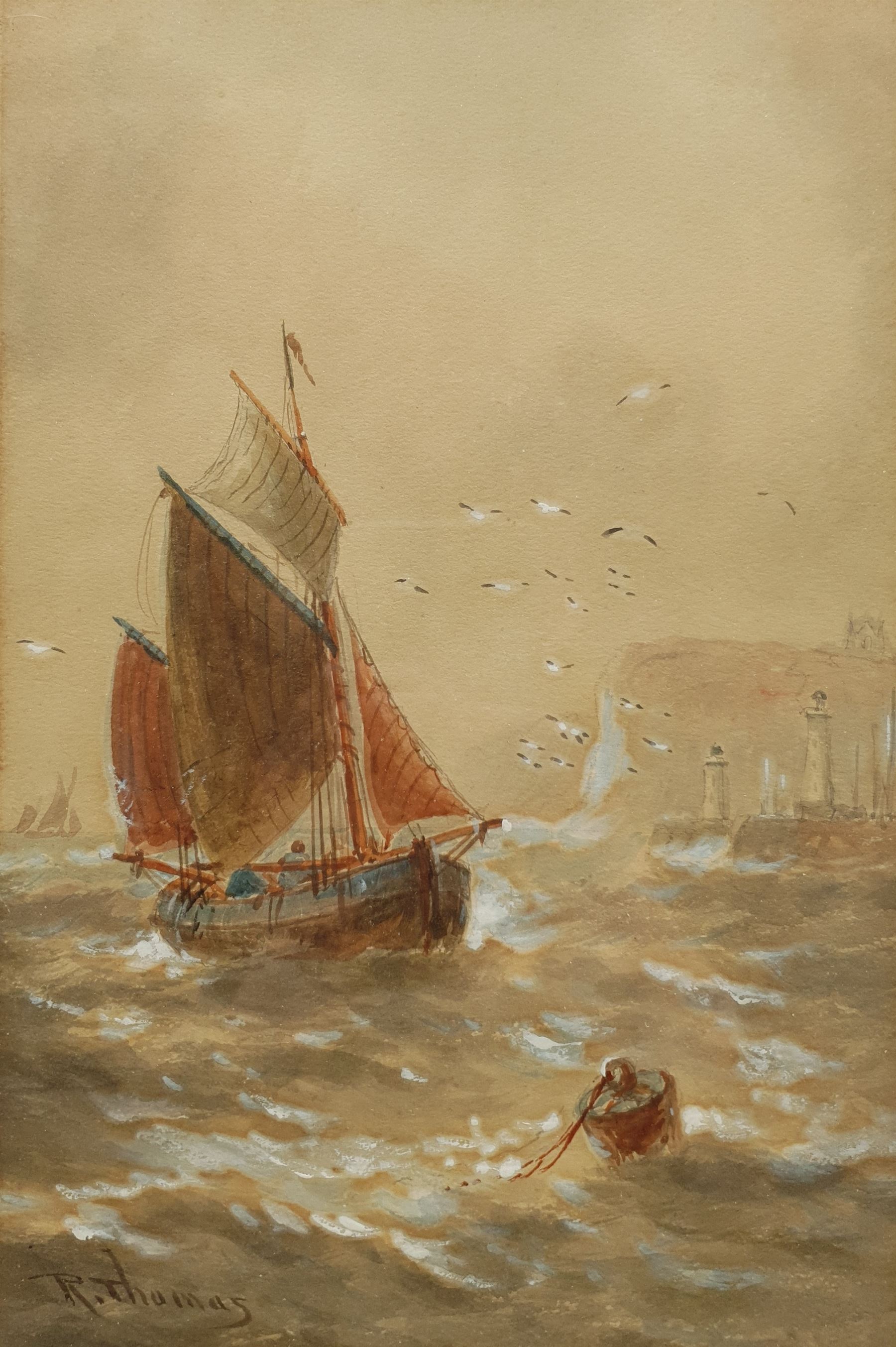 R Thomas (19th/20th century): Fishing Boat off Whitby, watercolour heightened in white signed 26cm x 17cm