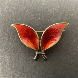 Norwegian silver-gilt red guilloche enamel double leaf brooch, by David Andersen, stamped DA Sterling Norway 925S, H2.6cm