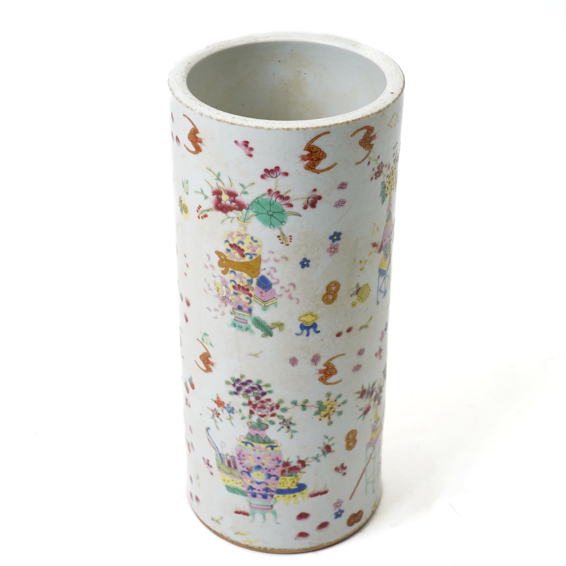 Chinese famille rose vase, of cylindrical form, decorated in enamel and gilt with precious objects, bats, flowers and fruit, six character iron red mark beneath, H28cm x D12cm 