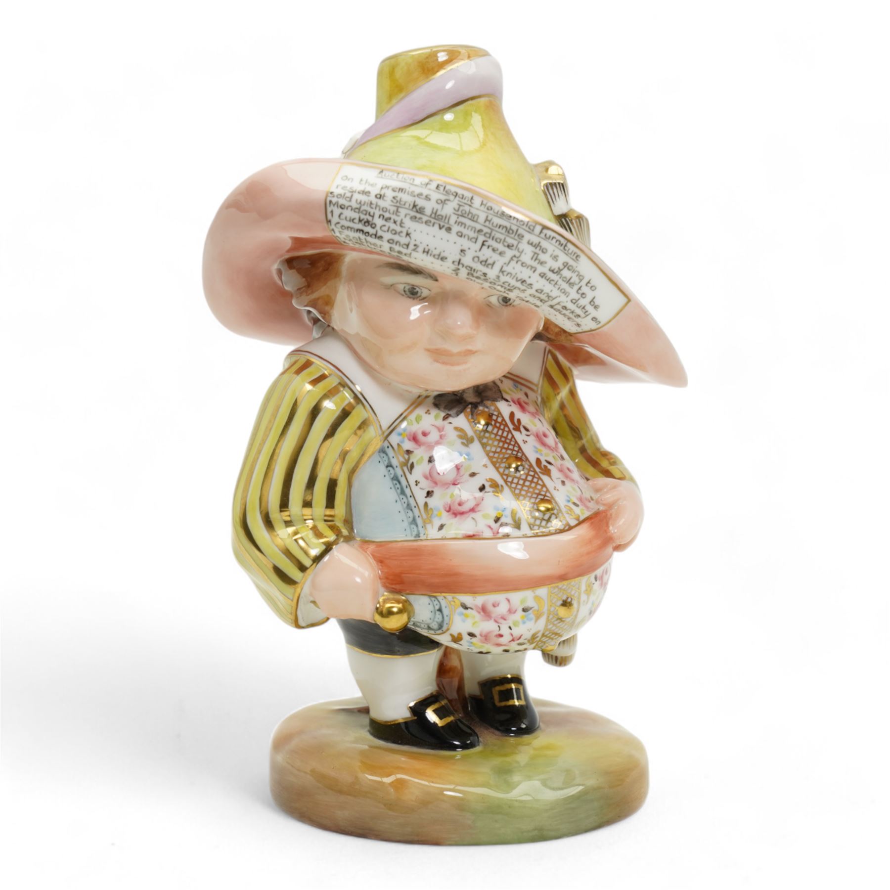 Sampson Hancock Derby 'Theatre Road Haymarket' Mansion House Dwarf, signed M. Mason, painted marks beneath, H18cm and a Royal Crown Derby 'Auction of Elegant Household Furniture' Mansion House Dwarf, signed J. Etherington, dated 2006, printed marks (2)