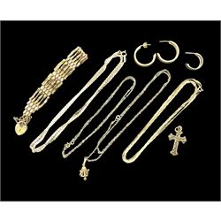 9ct gold jewellery, including gate bracelet, cross pendant, hoop earrings, two chain necklaces and a sapphire pendant necklace