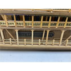 Hand built model of a river paddle steamer 'King of the Mississippi' and a sailing ship with three masts and unfurled sails, largest example H80cm, L101cm
