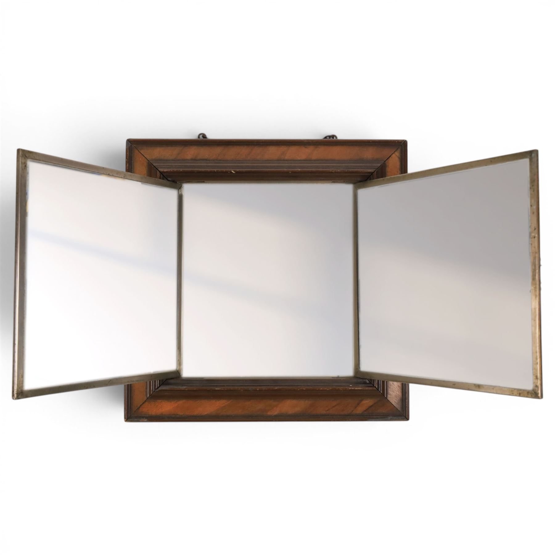 Late 19th century framed triple folding mirror, with two panels lithographed with courting scenes, H30cm, W30cm