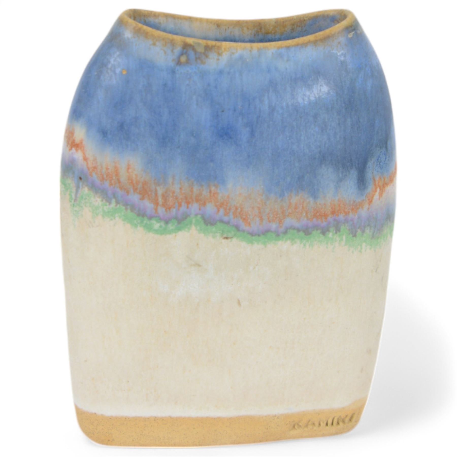 Three studio pottery vases, comprising two pieces by Kamini and a larger circular example, tallest H18cm