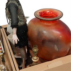 Lomonosov Russia Porcelain Wine Decanter in Red Firebird pattern, Staffordshire ironstone planter, meat plate, Leonardos figures and other mixed ceramics and smalls, contents between four boxes