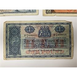 Glasgow, Clydesdale and North of Scotland Bank Limited one pound banknote 1st March 1952 ‘E312010’, The National Bank of Scotland Limited one pound 1st October 1954 ‘B/K 997-929’ and Edinburgh The British Linen Bank one pound 9th August 1955 ‘Y/2 026919’