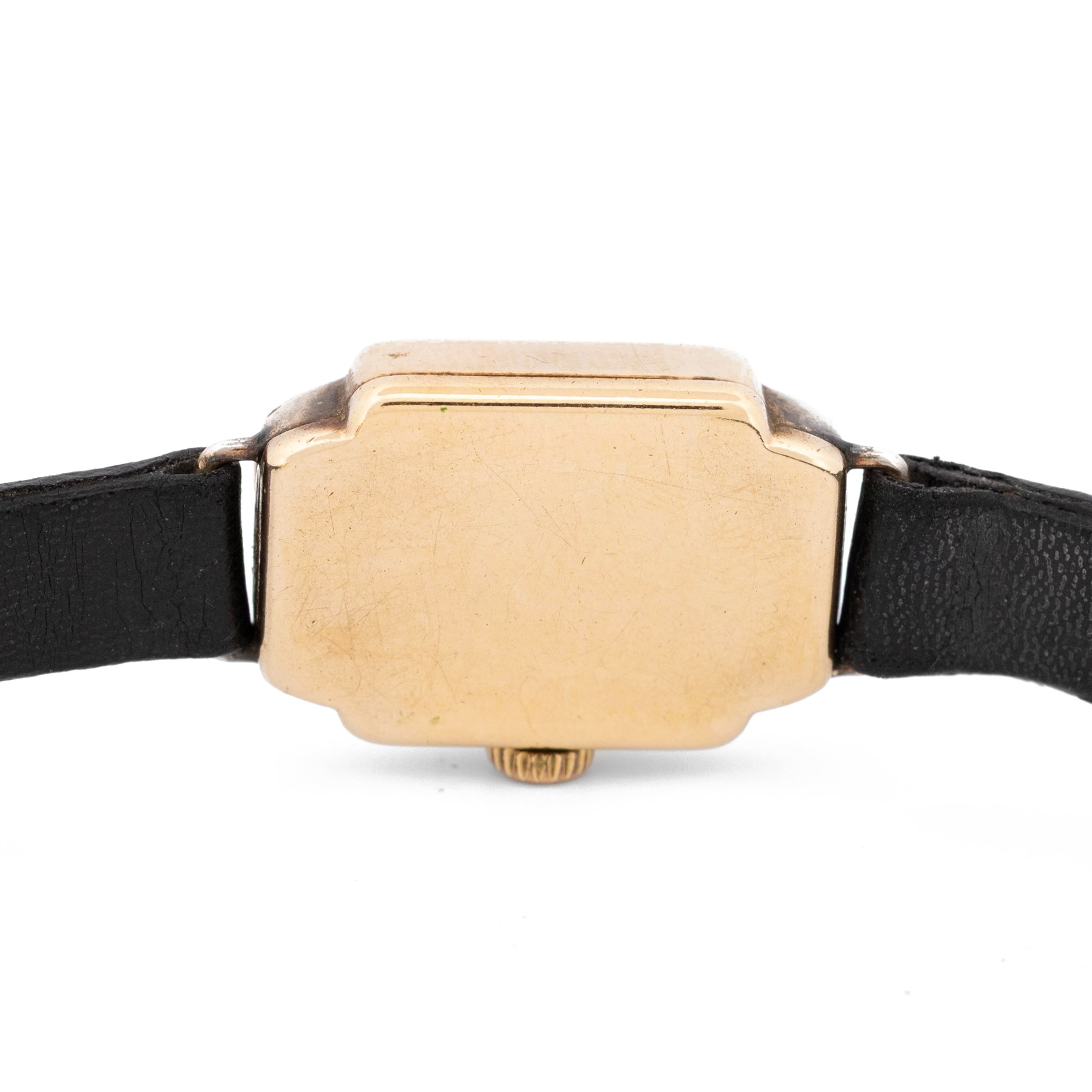 Rolex Precision ladies 9ct gold manual wind wristwatch, case No. 297900, silvered dial with Arabic hour markers, Chester 1955, on black leather strap