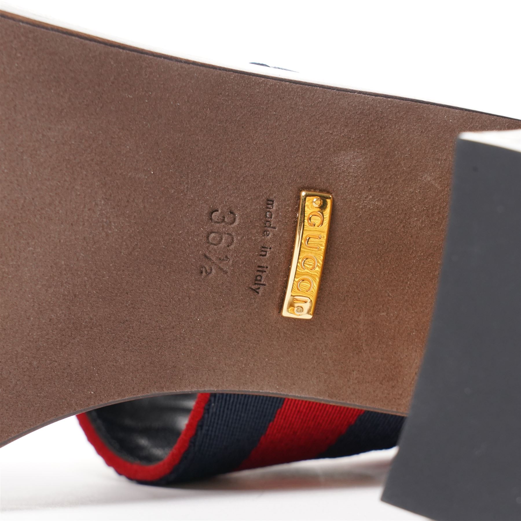 Gucci - pair of heeled sandals, with red suede front straps and indigo and red web stripe ankle straps with gold tone horse-bit detail, on bark-effect gilt block heels, size 36½, unused with original dust bags