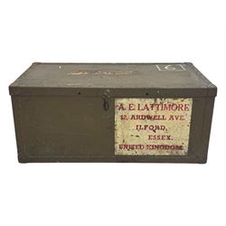 Vintage metal bound steamer trunk, exterior labels reading 