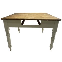 Victorian painted pine kitchen table, polished top on painted base, turned supports