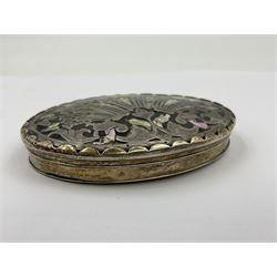 18th century silver plated oval snuff box with tortoiseshell lid inlaid with silver and mother of pearl 